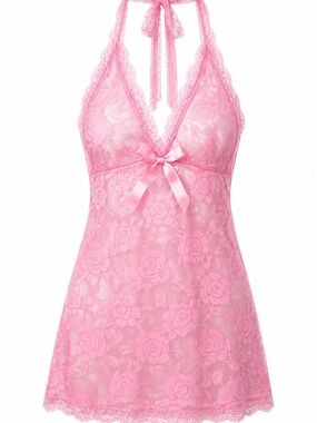 Sheer Lace Halter Chemise with Satin Bow - Pink